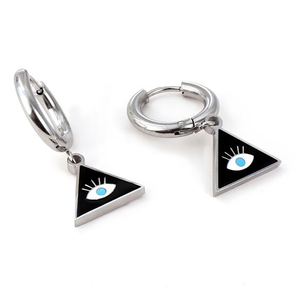 Evil Eye Triangle Hoop Earrings Stainless Steel Hypoallergenic - Picture 2 of 4